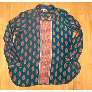 Rose + Olive Blue and Orange Boho Flowy Button Up Womens Shirt Slze XL